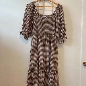 Madewell Women's Lucie Elbow-Sleeve Smocked Midi Dress in Gingham XL